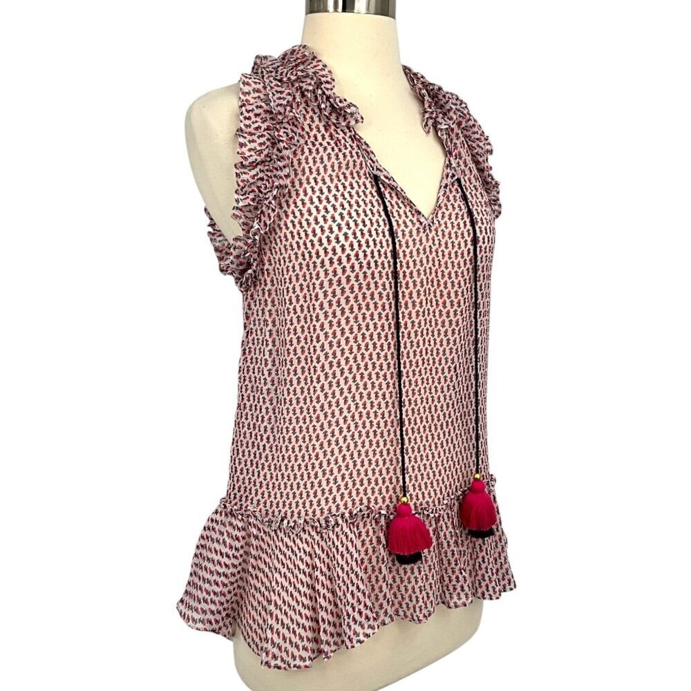 Figue Vera Tassel Top in Multi Red Ruffled Sheer Size S 100% Silk Sleeveless - Picture 7 of 9